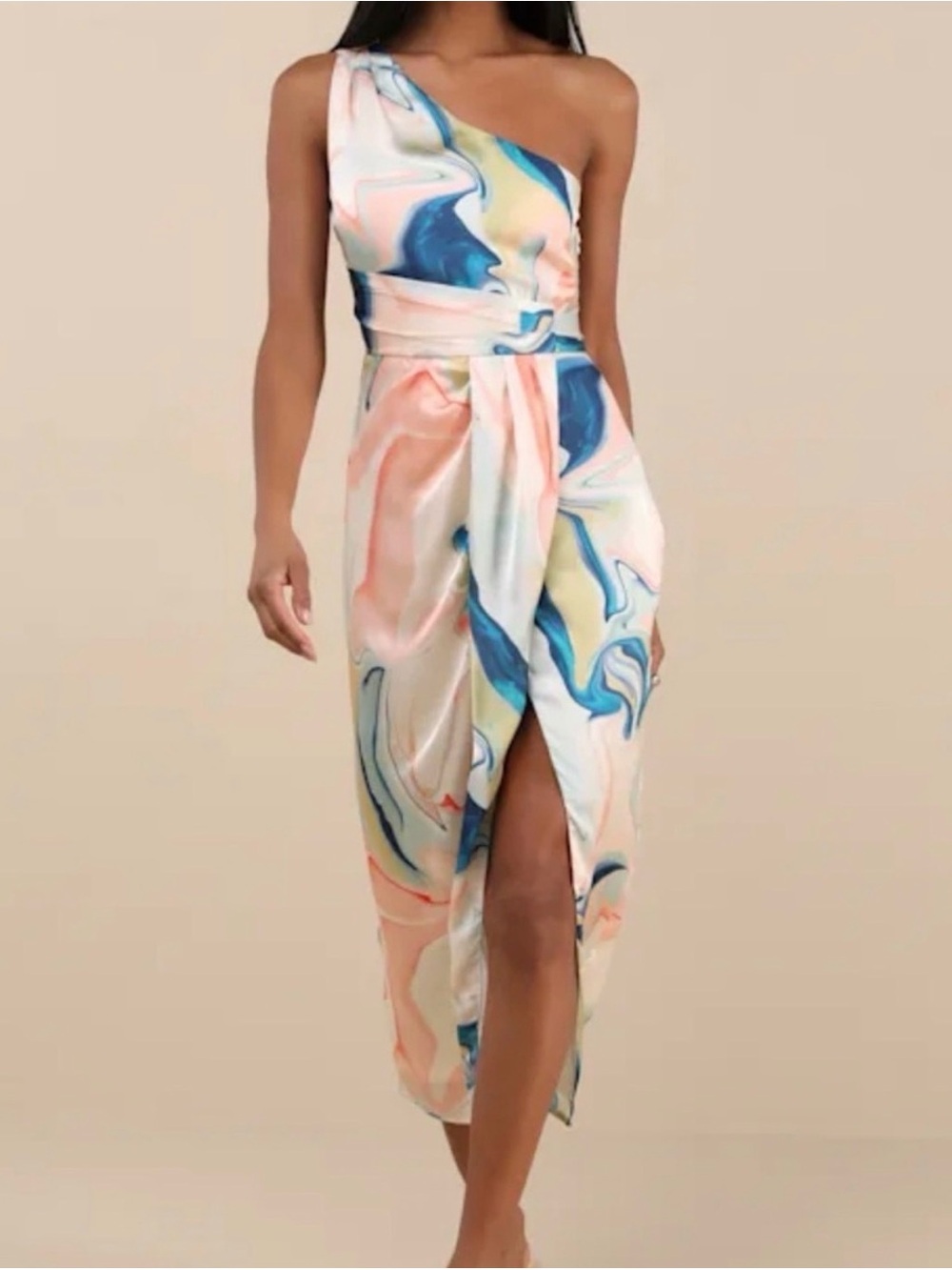 Lulu's One-Shoulder Marble-Print Midi Dress in Pastel Blue, Pink & Cream